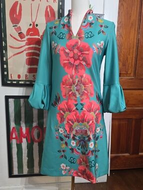 New York & Company Teal Shift Dress with Coral Floral Print Small Work Cocktail